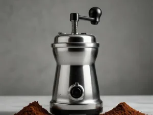 Coffee Grinder with Ground Coffee on White Background