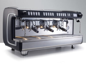 La Cimbali M26 TE RE, a professional espresso machine with multiple group heads and a sleek stainless steel design