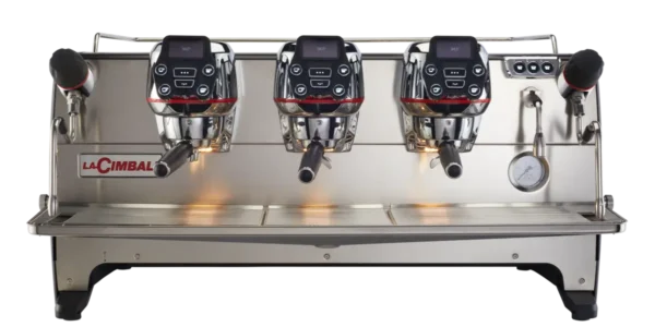 La Cimbali M200 espresso machine with three brewing heads, advanced control panels, and steam wands, designed for commercial use